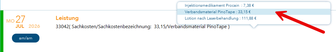 Anzeige der zur Auswahl stehenden Sachkostenzusätze mit blau unterlegtem Eintrag zur Übernahme mit der Leertaste