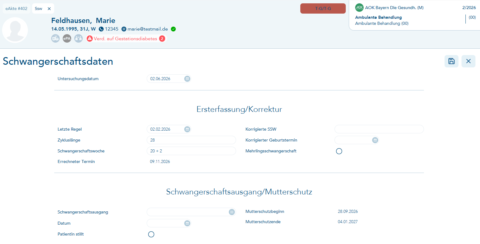 Erfassungsmaske Schwangerschaftsdaten