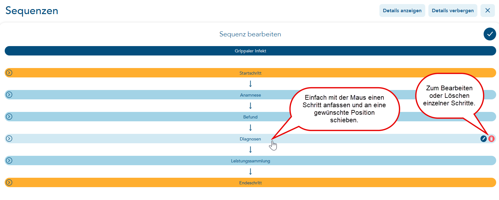 Sequenzschritte verschieben oder bearbeiten