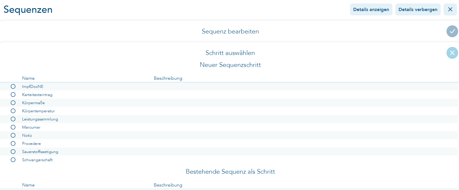 vorhandene Sequenzschritte