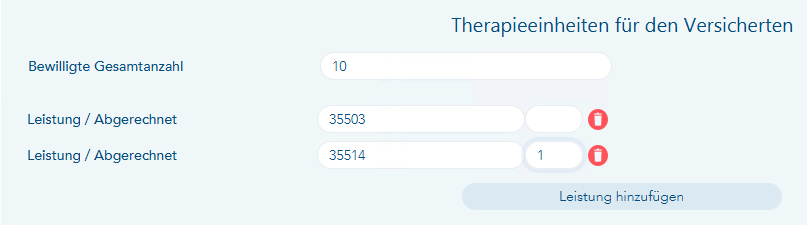 Das Bild zeigt den Eingabebereich zur Erfassung der Therapieeinheiten für den Versicherten