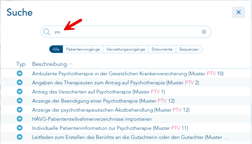 Das Bild zeigt die geöffnet Vorgangssuche und ein roter Pfeil verweist auf die Eingabe ptv. Unterhalb ist die Trefferliste geöffnet