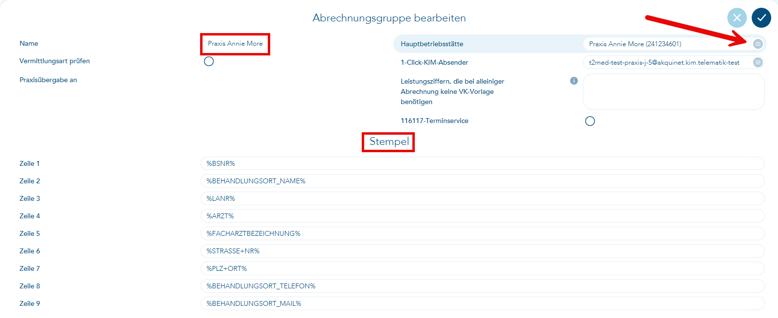 Eingabebereich unter Abrechnungsgruppen bearbeiten für den Praxisstempel mit maximal 9 Zeilen