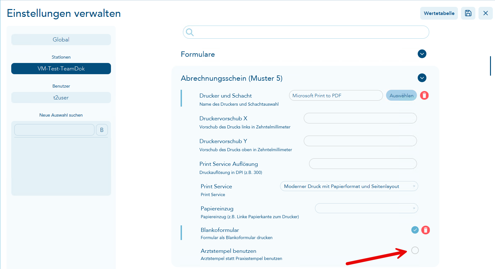 Formulareinstellungen Auswahl zum Stempel pro Formular am Beispiel Muster 5