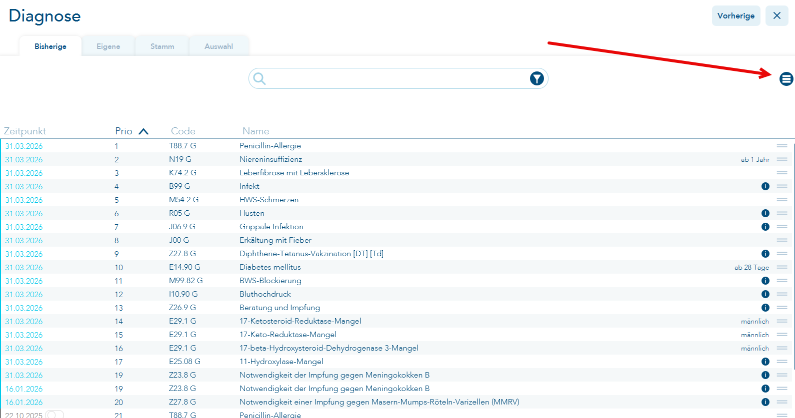 bisherige Diagnosen kompaktere Darstellung