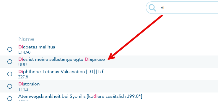 selbstangelegte Diagnose in der Eigenen Liste