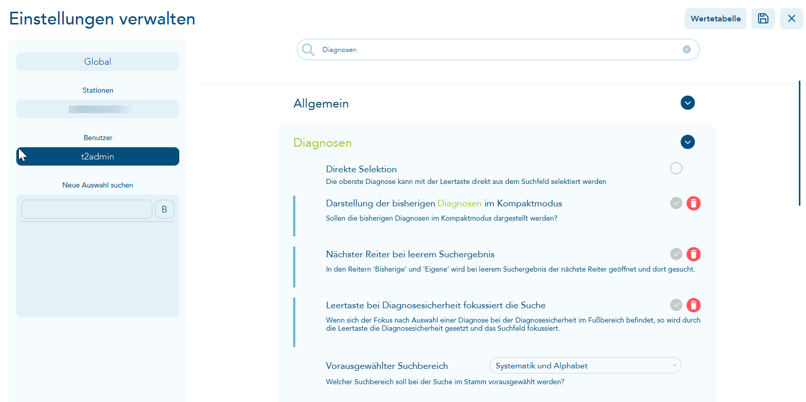 Einstellungspunkte zu den Diagnosen