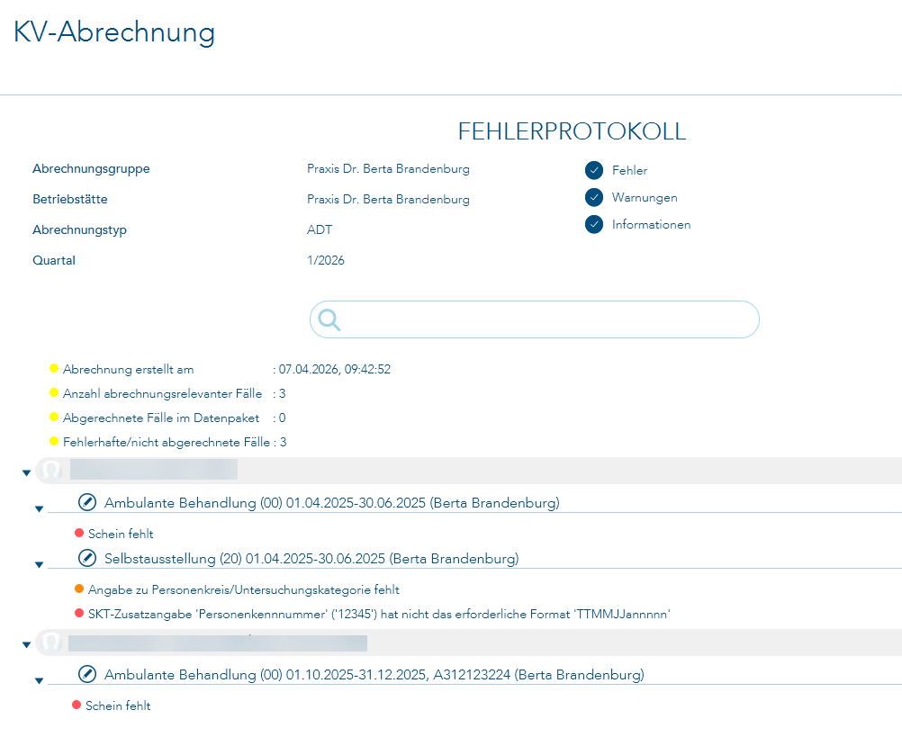 Fehlerprotokoll der KV-Abrechnung