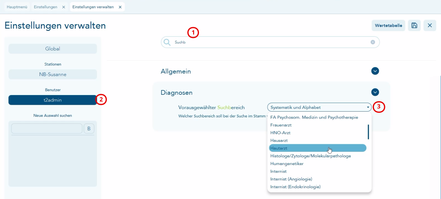 Diagnosen vorausgewählter Suchbereich