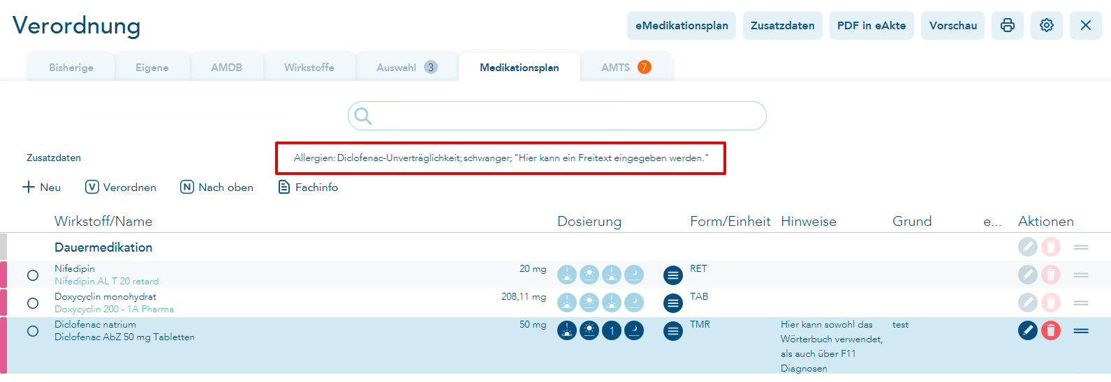 Anzeige der Zusatzdaten