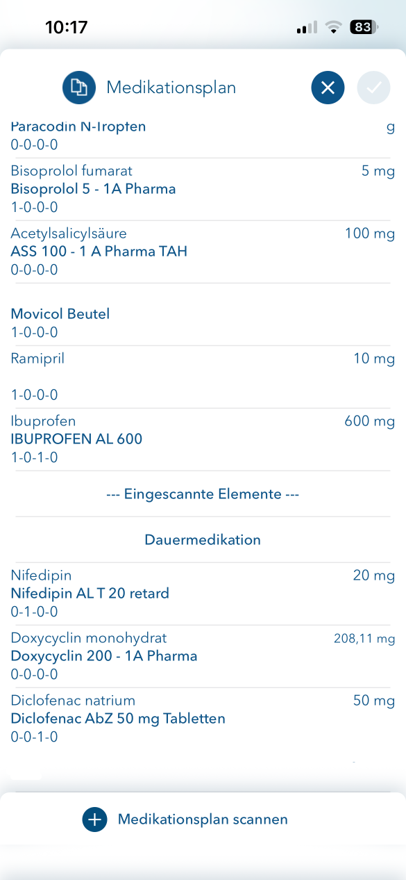 Ansicht des Medikamentenplans in der Karteikarte