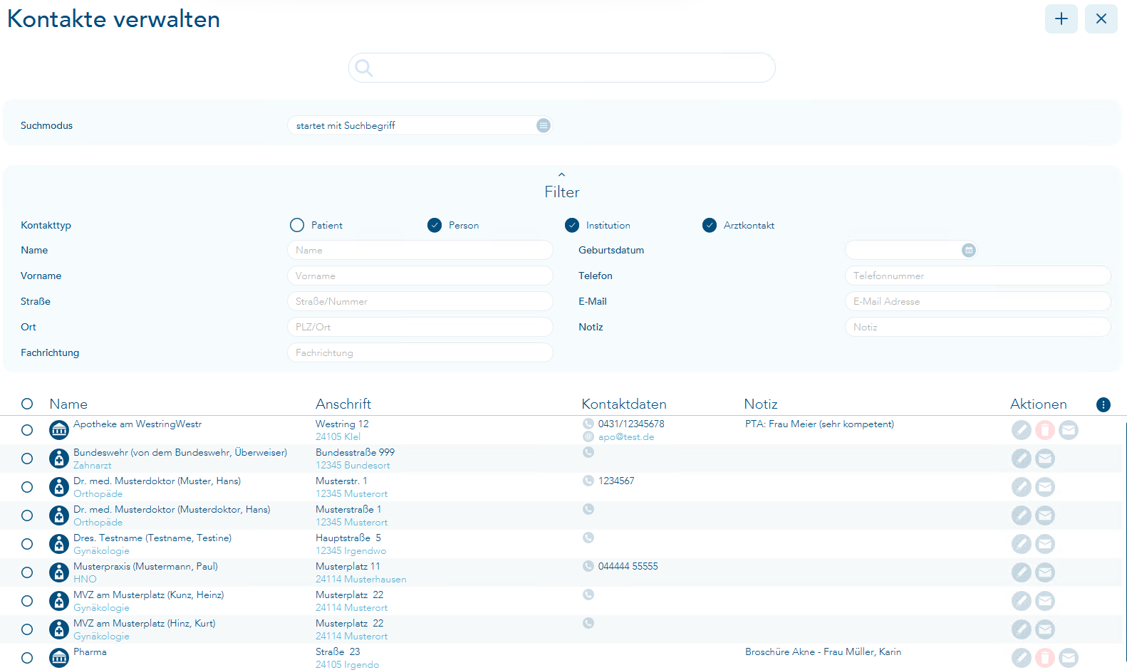 Liste Kontakte verwalten