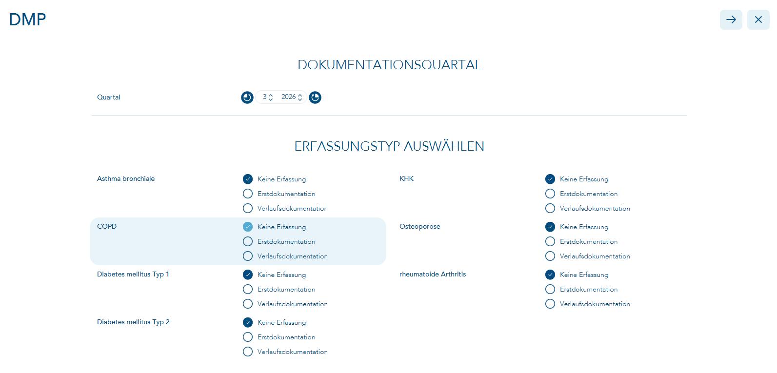 eDMP Auswahl Dokumentationsquartal
