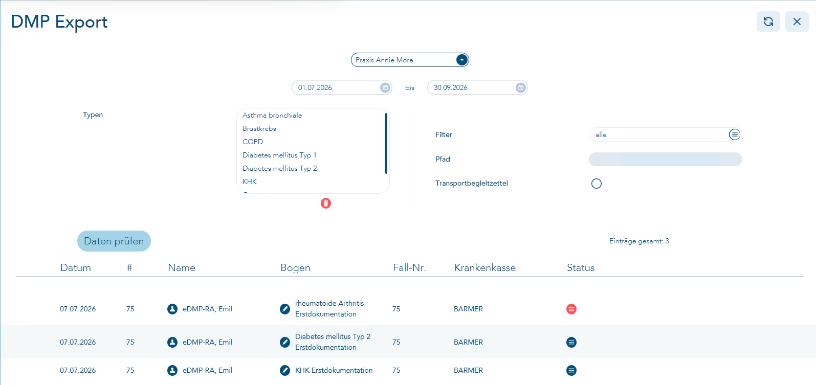 DMP-Export Startbildschirm