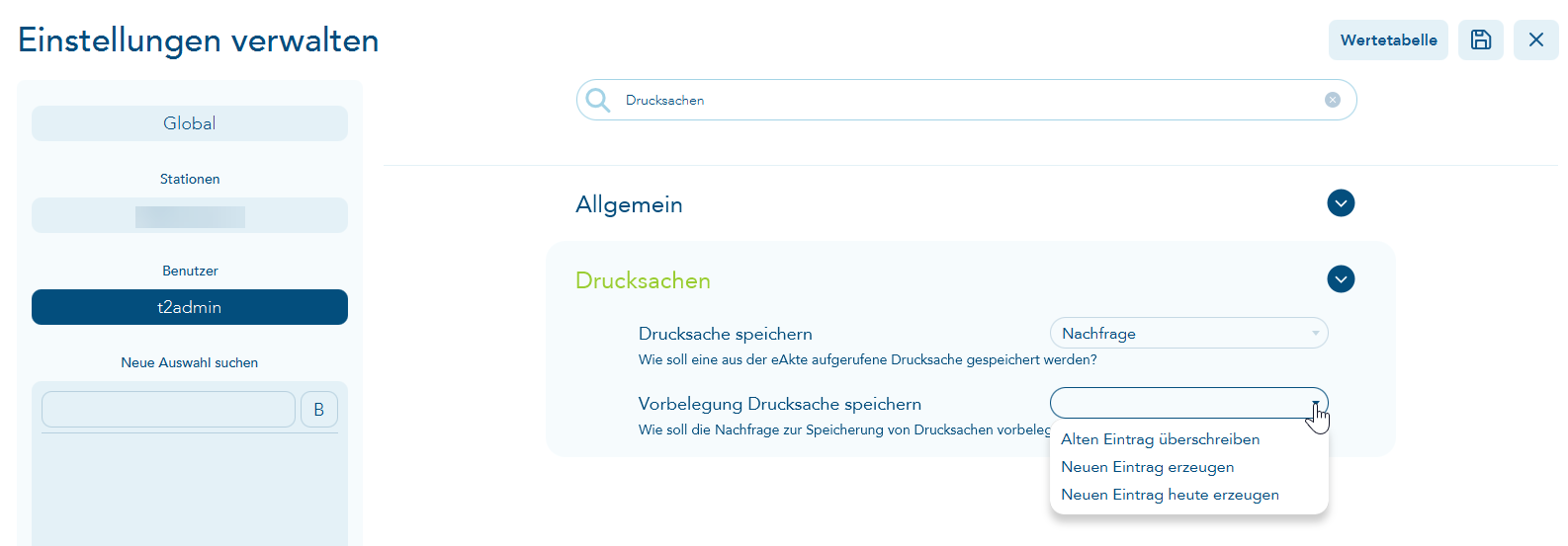 Vorbelegung Drucksache speichern