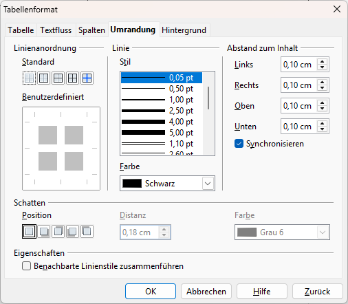 Tabellenformat Umrandung