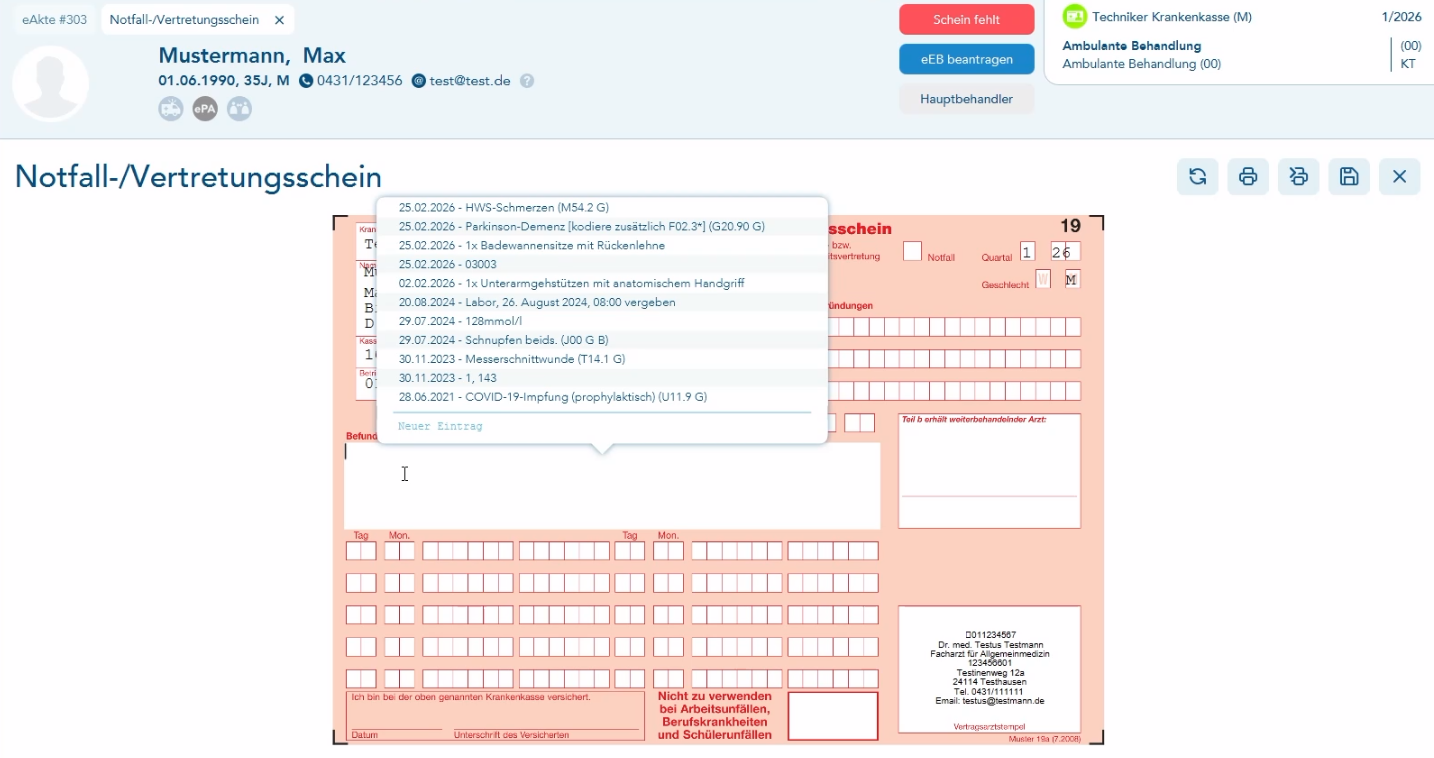 Anzeige Karteikarteneinträge auf Notfallvertreterschein