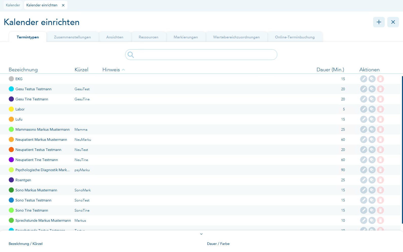 bisher angelegte Termintypen