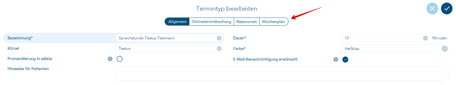 Bearbeitungsfenster eines Termintyps