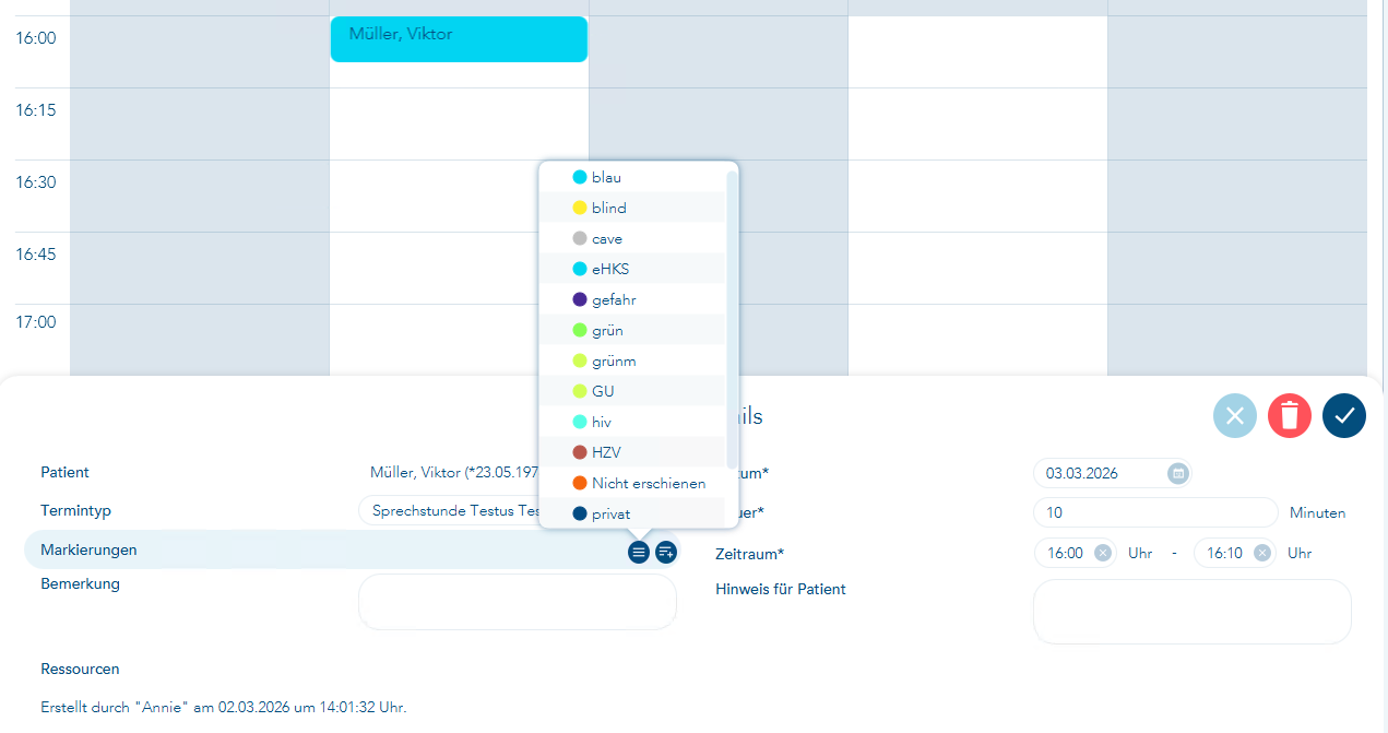 Markierung setzen im vergebenen Termin