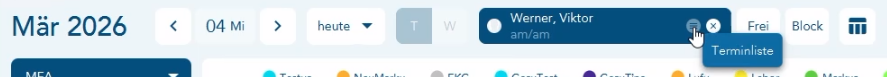 Aufruf Terminzettel am Patientennamen im Kalender