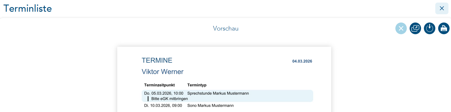 Druckvorschau der Terminliste