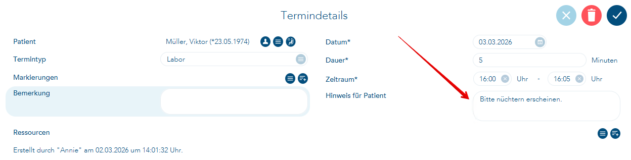 Hinweis für Patient in Termindetails