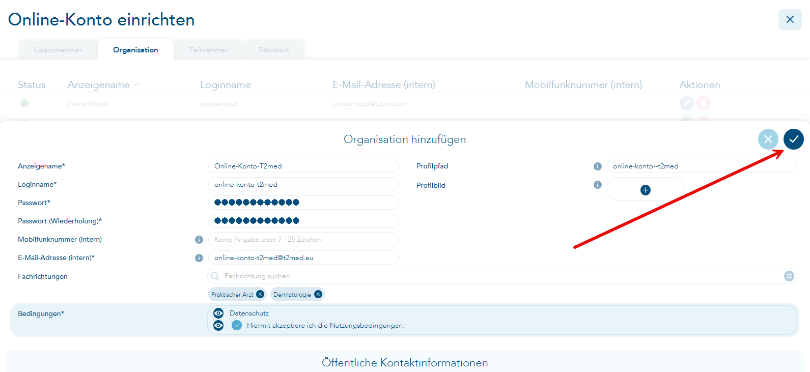 Organisation über Häkchen hinzufügen