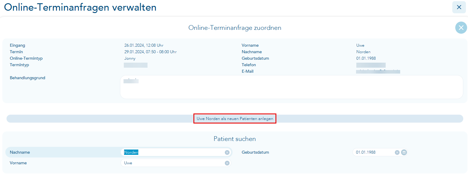 Button Patient als neuen Patienten anlegen