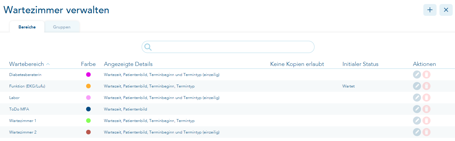 Wartezimmer verwalten Reiter Bereiche