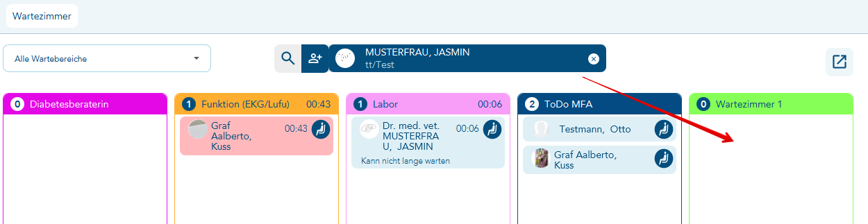 Patient in Wartebereich zuordnen