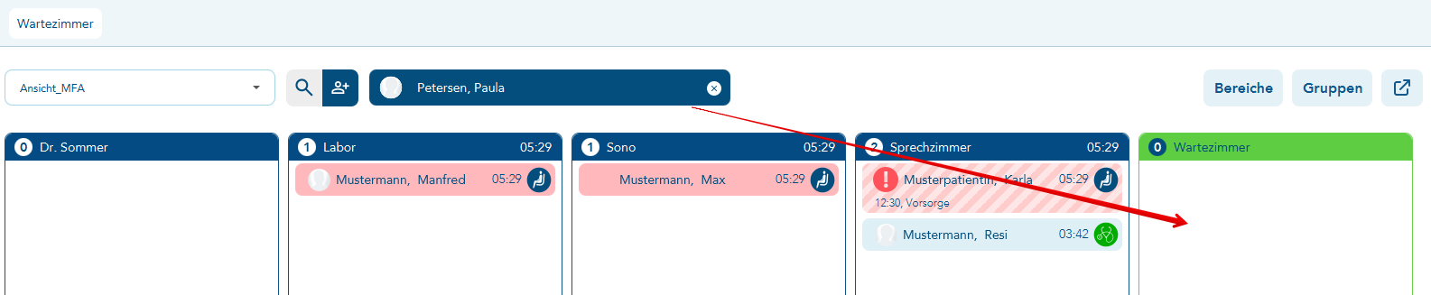 Patient in Wartebereich zuordnen