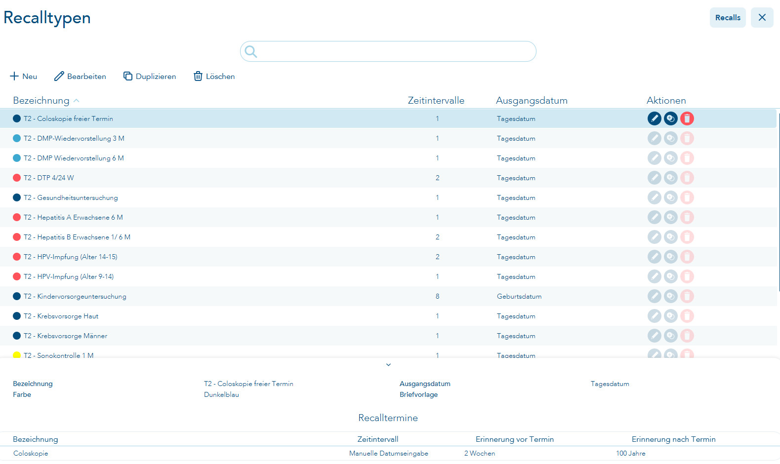 Übersicht der ausgelieferten Recalltypen