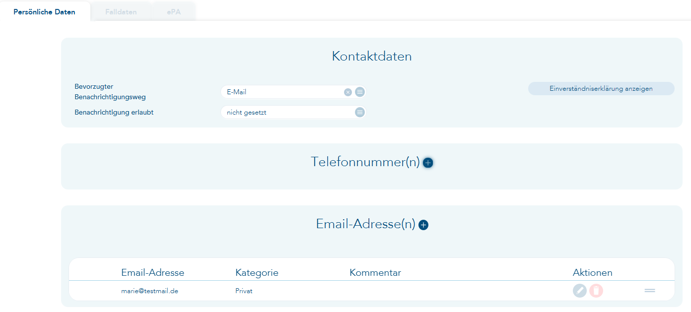 Persönliche Daten des Patienten wo Benachrichtigungen gesetzt werden können