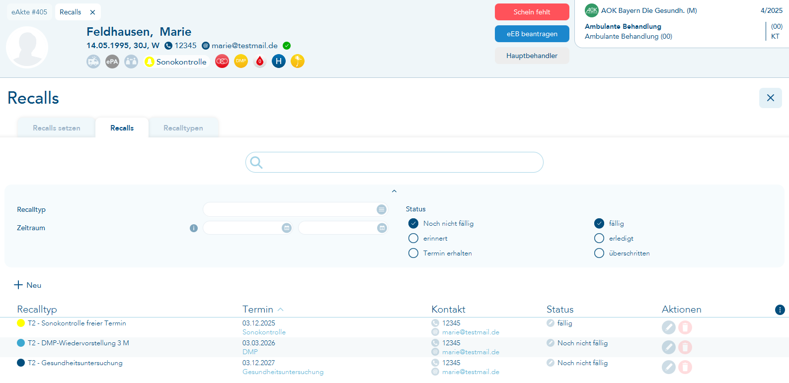 Liste der gesetzten Recalls beim geöffneten Patienten