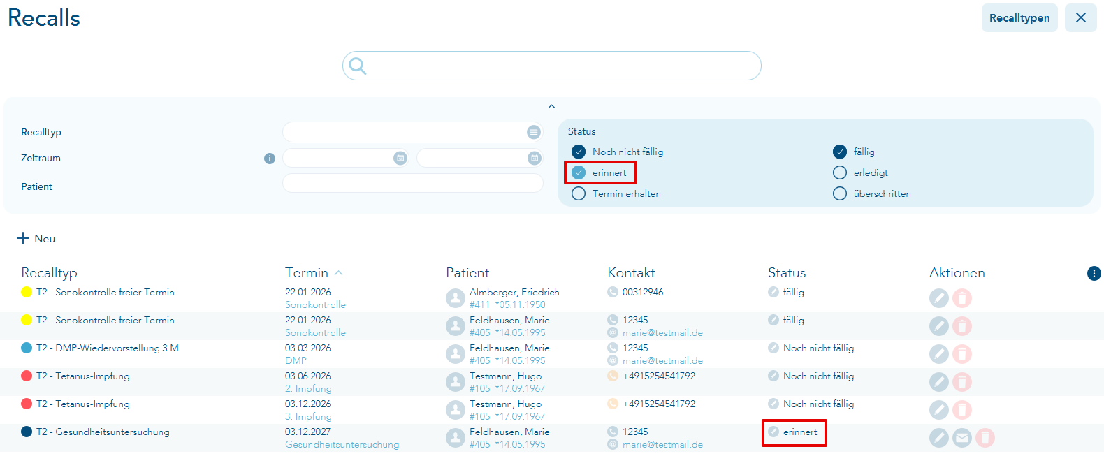 Recalltermine mit Status noch nicht fällig, fällig und erinnert