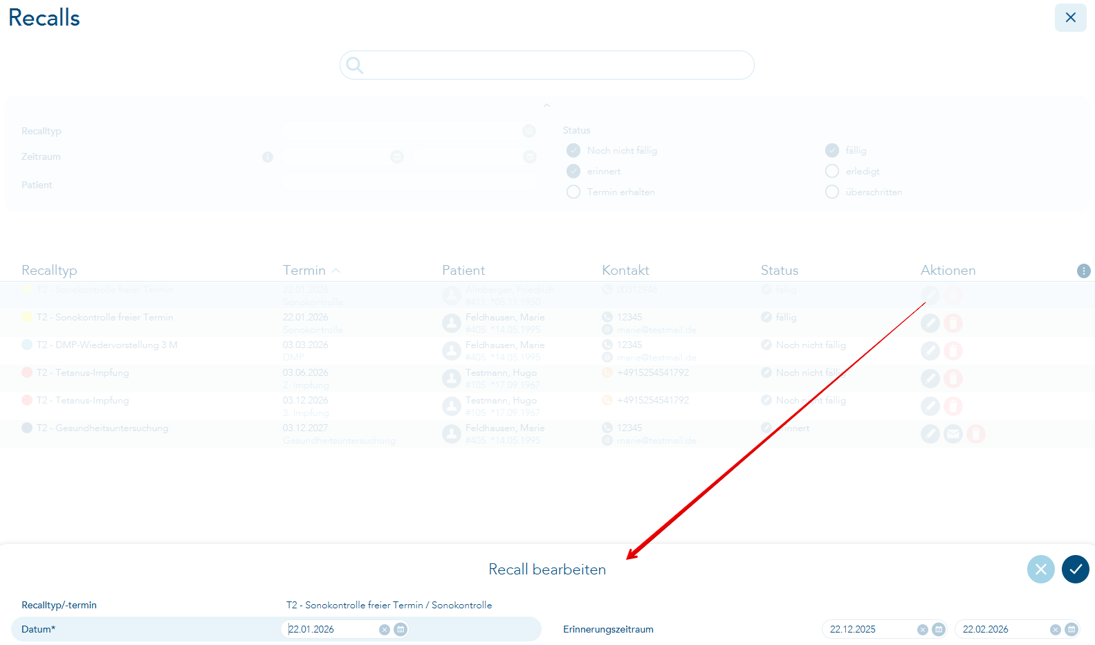 bei Aktion auf Stift-Symbol klicken um Recall zu bearbeiten