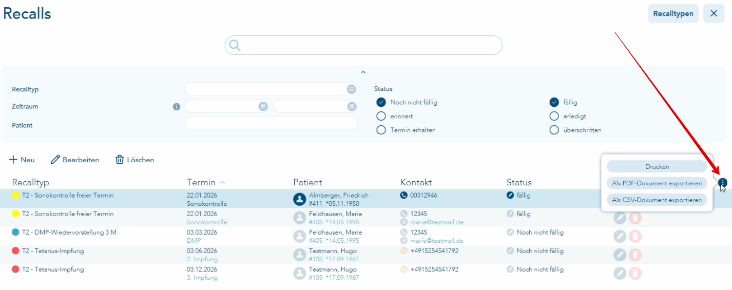 Spalte mit drei Punkten um zu drucken, pdf oder csv zu erzeugen