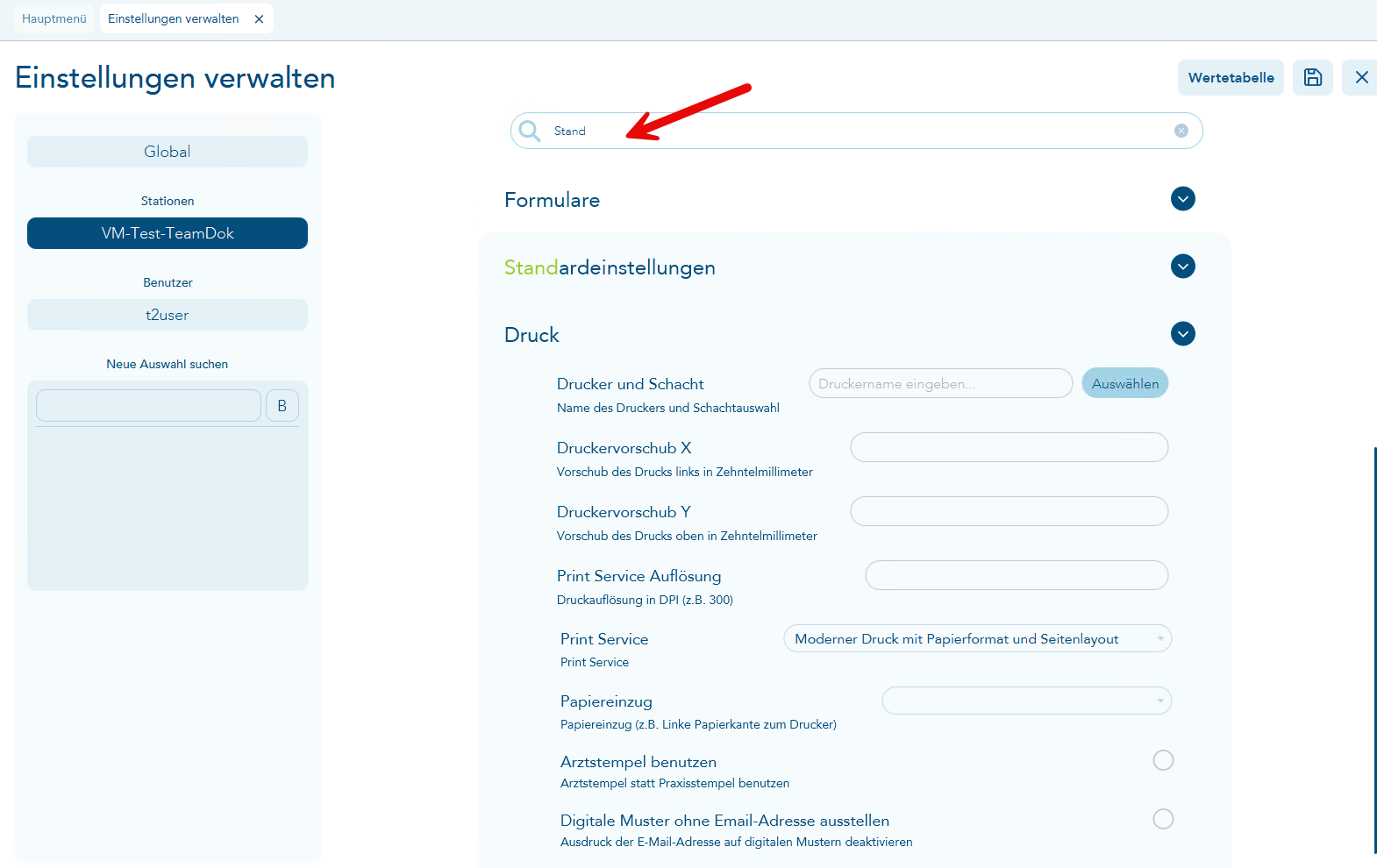 Einstellungen verwalten-Eingabe von Stand im Suchfeld zeigt die Standardeinstellungen für Formualre an