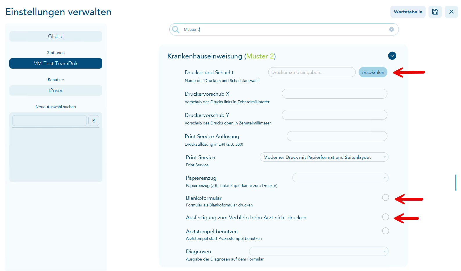 Einstellungen verwalten für das Muster 2-Krankenhauseinweisung zum Einstellen von Drucker/Schacht, Blankoformulardruck und Ausfertigung für den Arzt