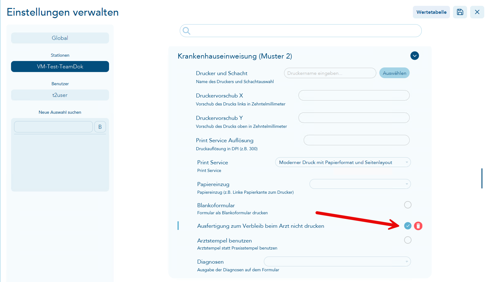 Einstellungen verwalten - Formulare - Krankenhauseinweisung Muster 2 Ausfertigung für den Arzt nicht drucken markiert