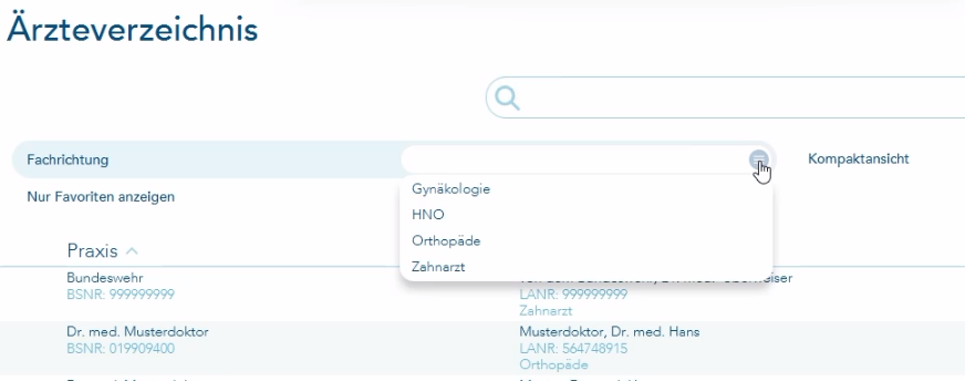 Suche nach Fachrichtung im Ärzteverezichnis
