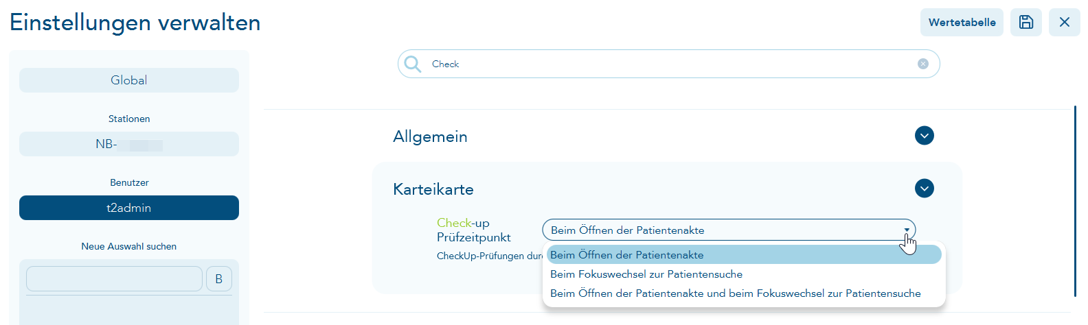 Check-up Prüfzeitpunkte einstellen