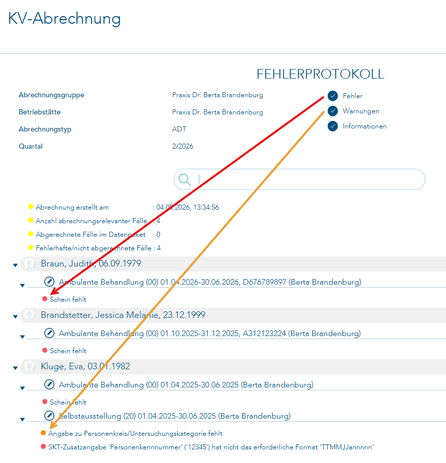 farbliche Unterscheidung zwischen Fehler und Warnungen
