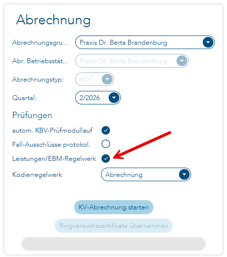 Prüfung Leistungen/EBM-Regelwerk angehakt