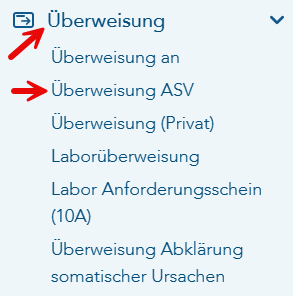 Menüpunkt Überweisung ASV