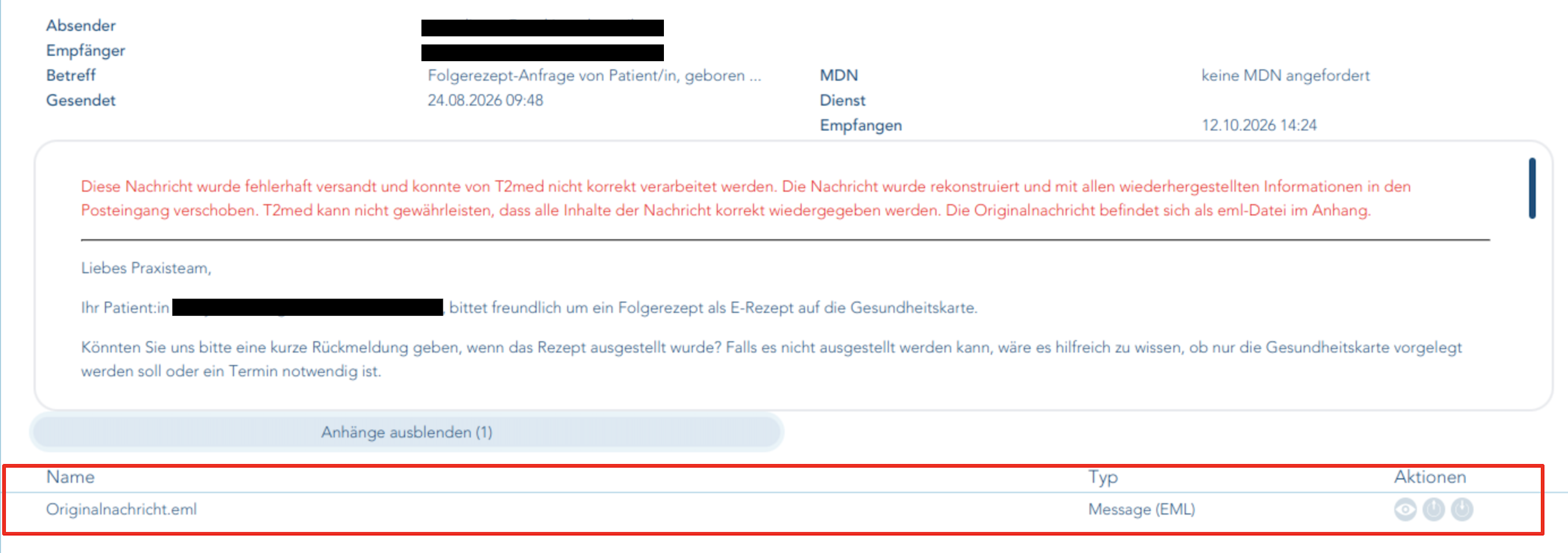 Das Bild zeigt den Hinweis auf die KIM-Originalnachricht mit der EML-Datei als Anhang