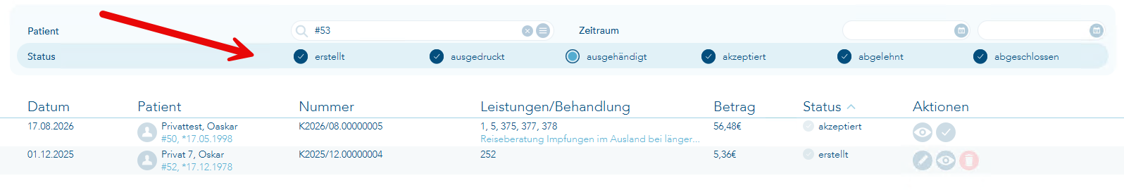 Das Bild zeigt den Vorgang Kostenvoranschläge verwalten und ein roter Pfeil verweist auf die Status-Filtereinstellungen