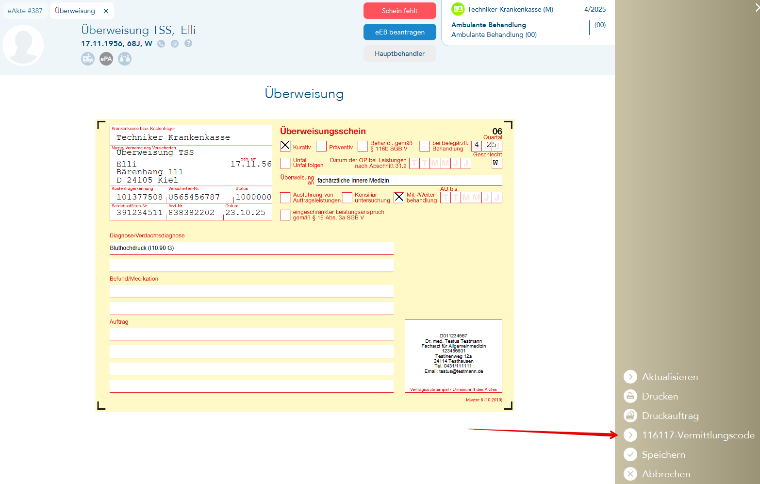 Menüeintrag 116117 Vermittlungscode