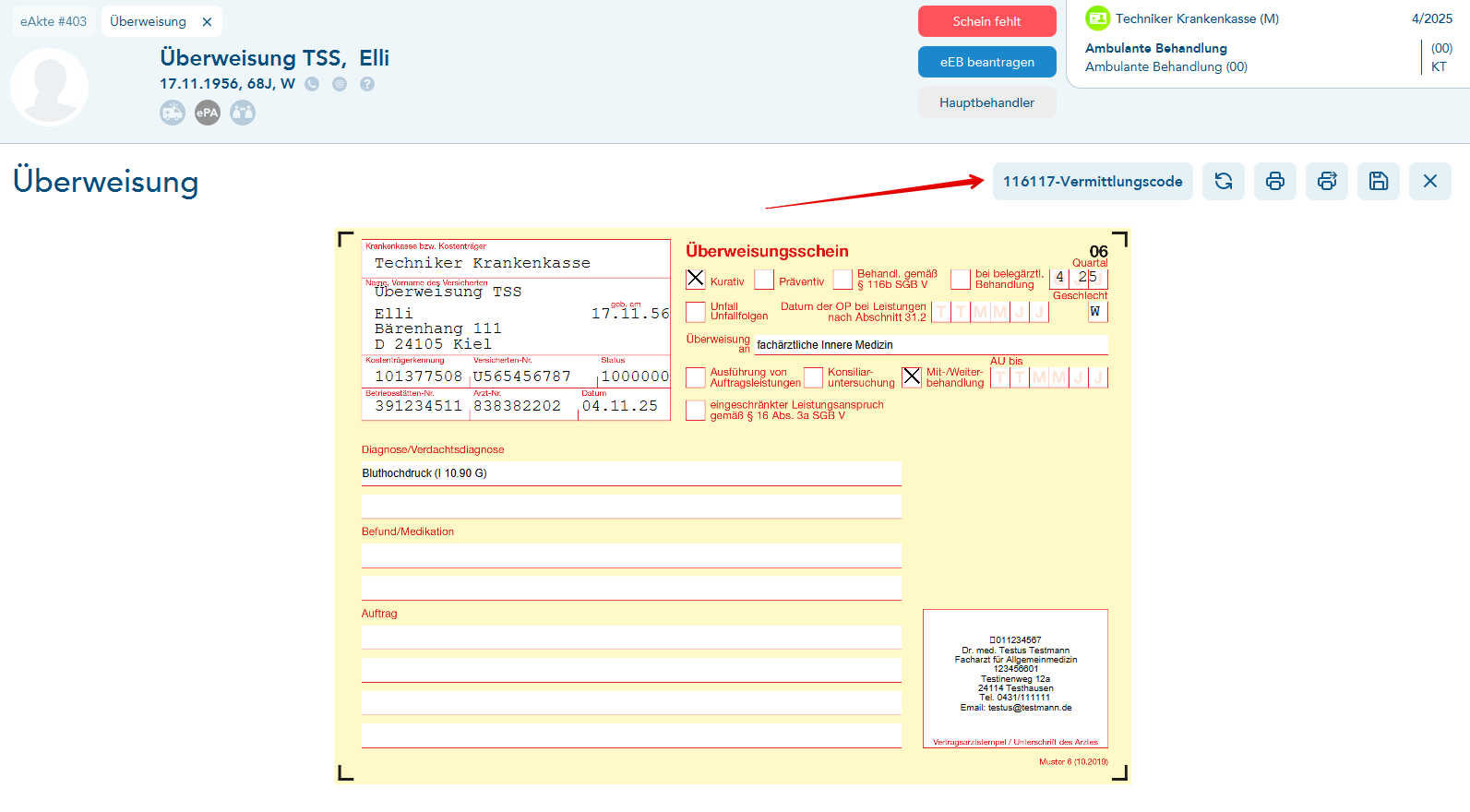 Menüeintrag 116117 Vermittlungscode